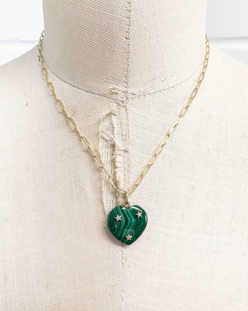 14k Gold, Diamond, & Malachite Heart Necklace