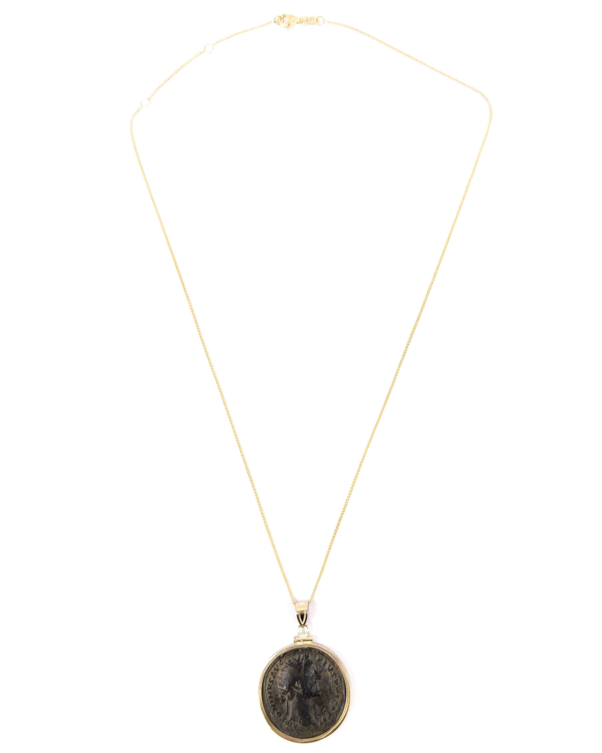14k Gold Genuine Ancient Roman Coin Pendant Necklace (Antoninus Pius; 138-161 A.D.)