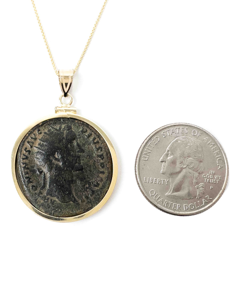 14k Gold Genuine Ancient Roman Coin Pendant Necklace (Antoninus Pius; 138-161 A.D.)