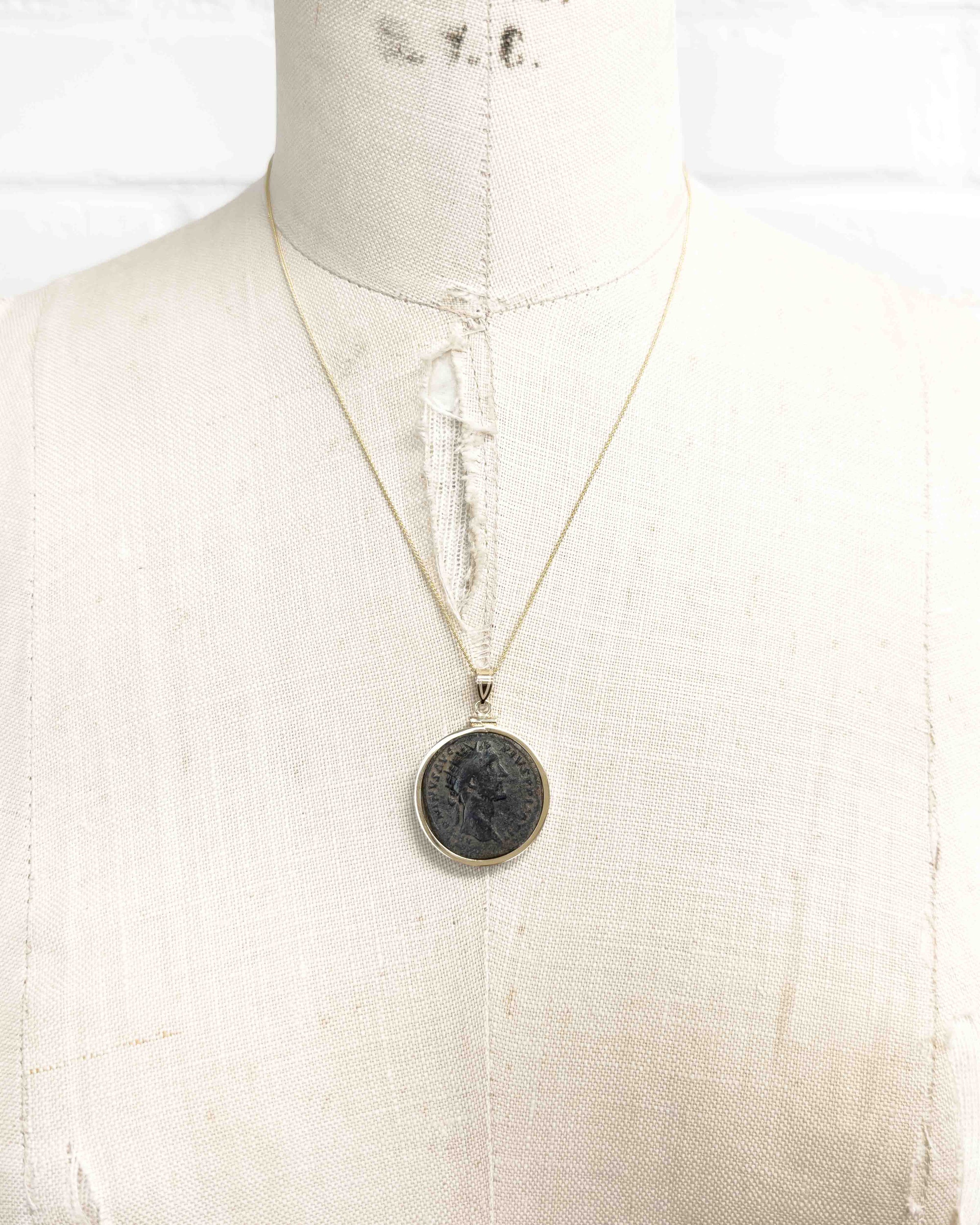 14k Gold Genuine Ancient Roman Coin Pendant Necklace (Antoninus Pius; 138-161 A.D.)