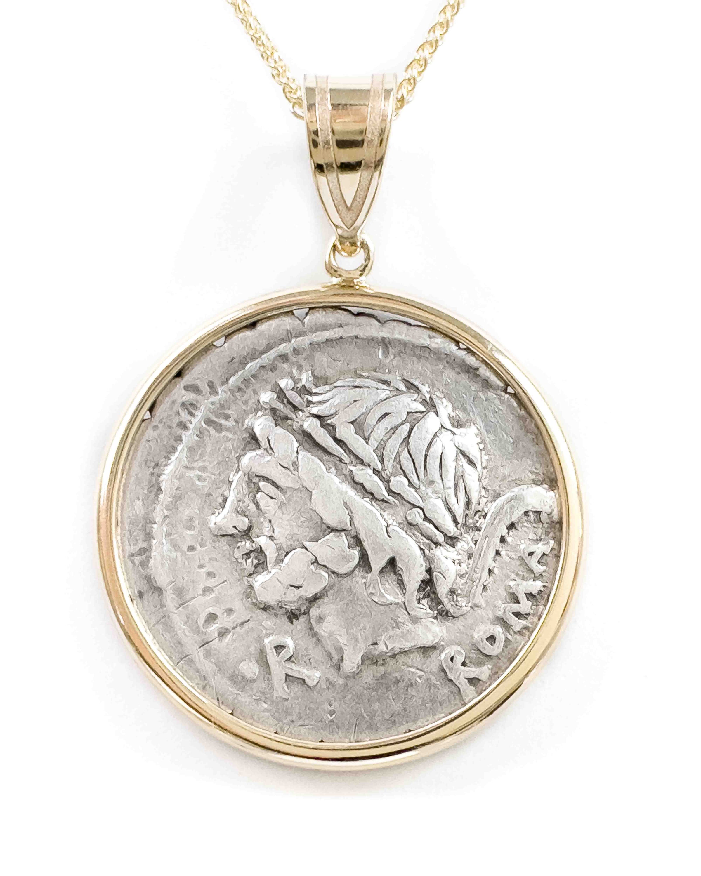 14k Gold Genuine Ancient Roman Coin Necklace (Saturn; 106 B.C.)