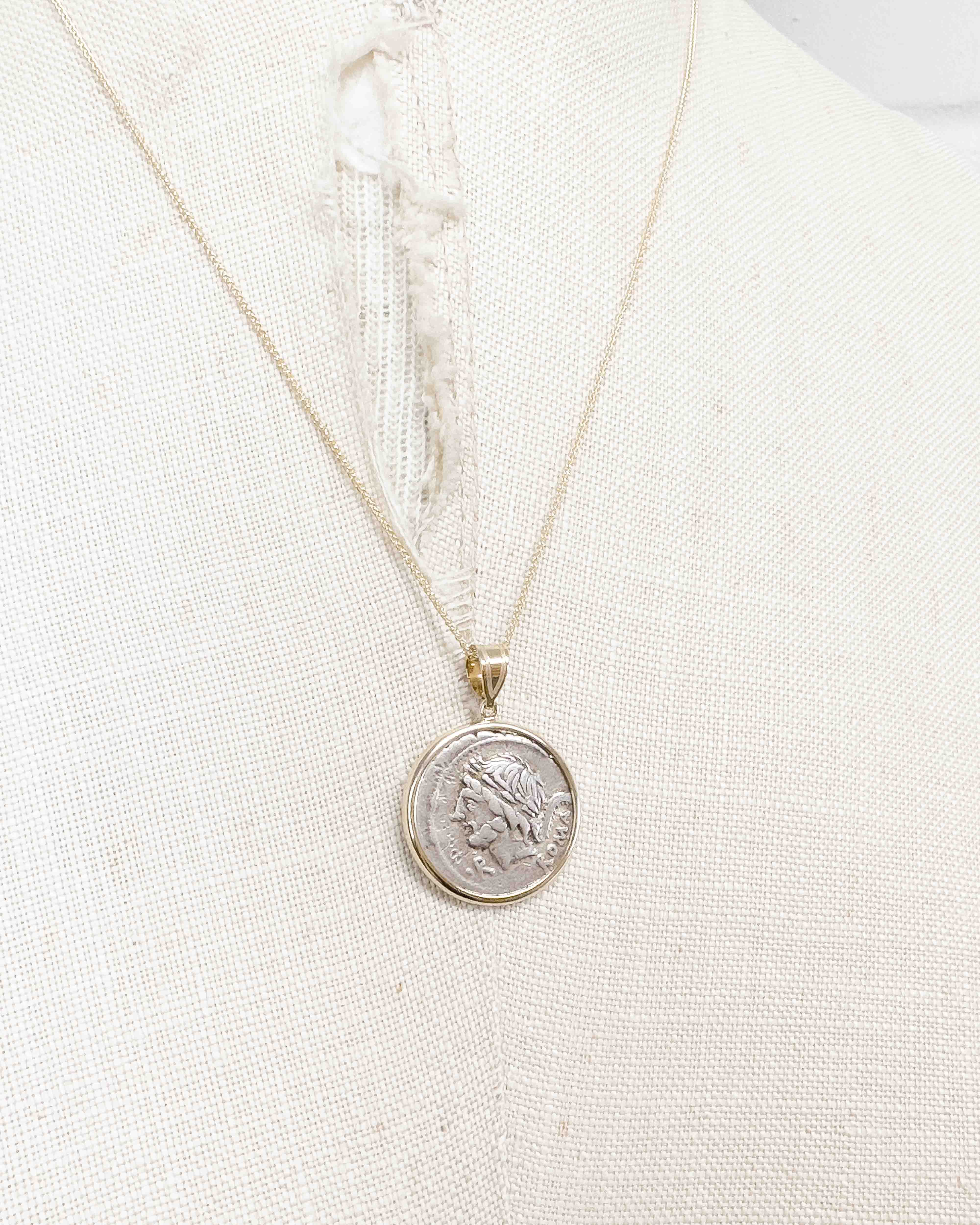 14k Gold Genuine Ancient Roman Coin Necklace (Saturn; 106 B.C.