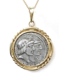 14k Gold Genuine Ancient Roman Coin Necklace (Virtus/Honos; 68 B.C.)