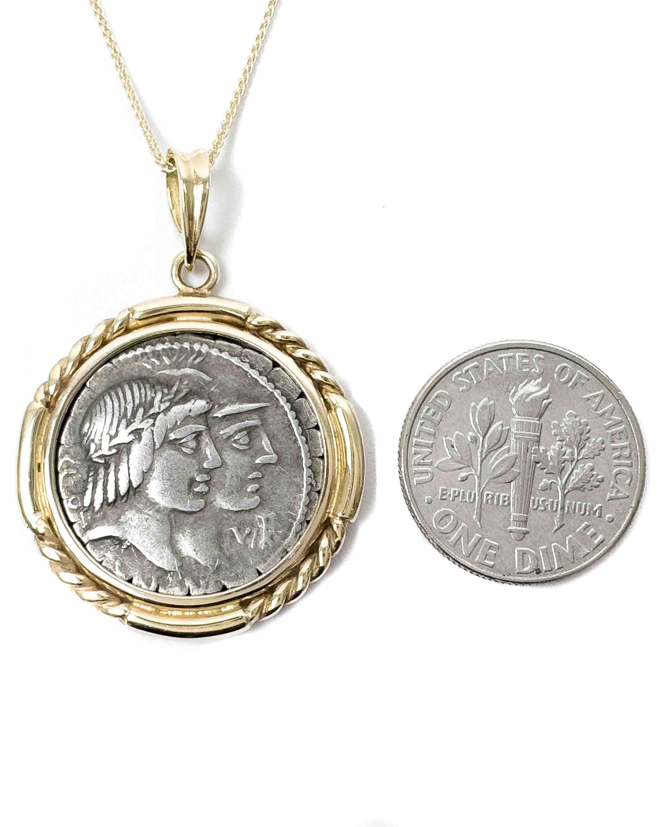 14k Gold Genuine Ancient Roman Coin Necklace (Virtus/Honos; 68 B.C.)