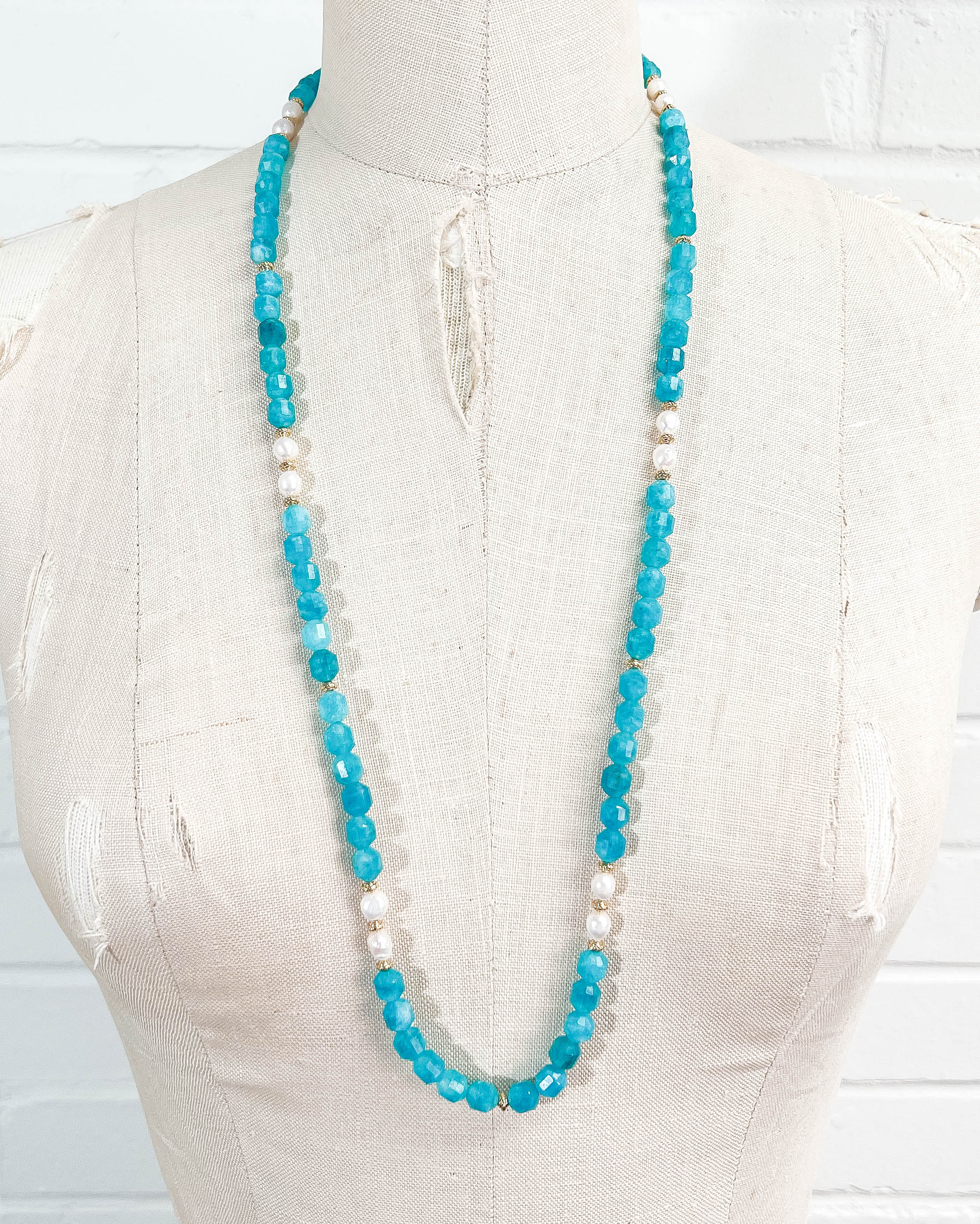 Amazonite & White Freshwater Pearl Strand Necklace