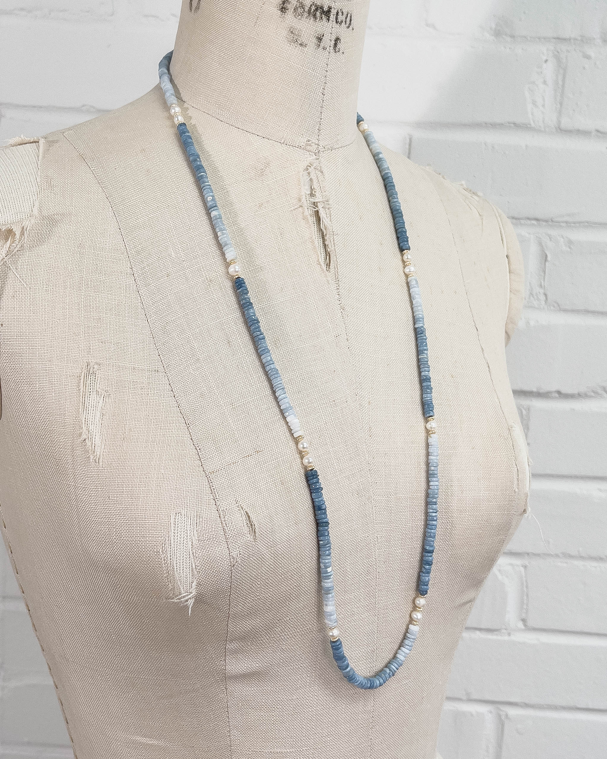White Freshwater Pearl and Blue Owyhee Opal Strand Double Wrap Necklace