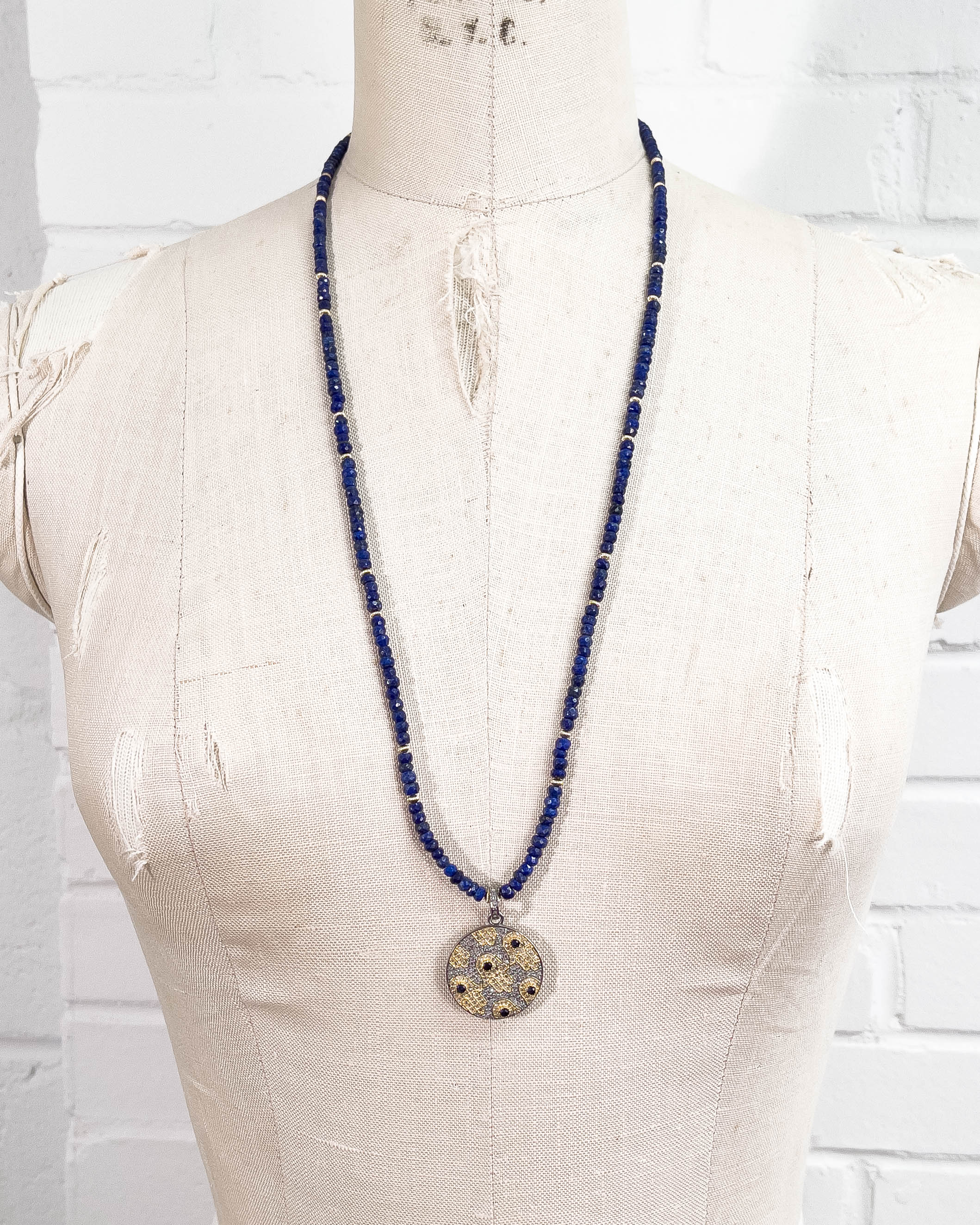 Diamond & Sapphire Hamsa Pendant on Lapis Lazuli Necklace