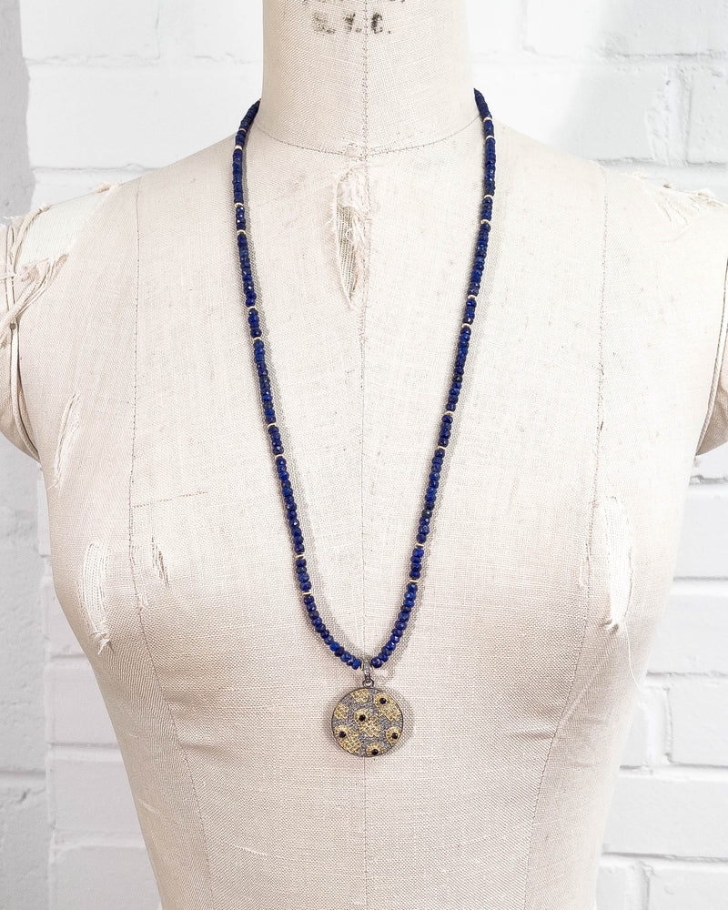 Diamond & Sapphire Hamsa Pendant on Lapis Lazuli Necklace