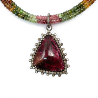 Pavé Diamond Eudialyte Pendant on Watermelon Tourmaline Necklace