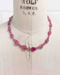 14k Natural Pink Rubellite Tourmaline Nugget, Pink Sapphire, & Watermelon Tourmaline Necklace
