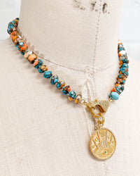 Diamond & Emerald Lucky Coin Pendant on Arizona Kingman Turquoise & Oyster Shell Necklace