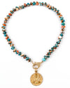 Diamond & Emerald Lucky Coin Pendant on Arizona Kingman Turquoise & Oyster Shell Necklace